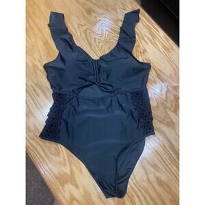 Rosegal Swimwear Women's 2X Black Ruffle Strap Cut on Lace One Piece B82